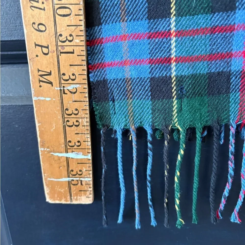 Lands End Tartan Plaid Fringe Scarf Blue Green Black